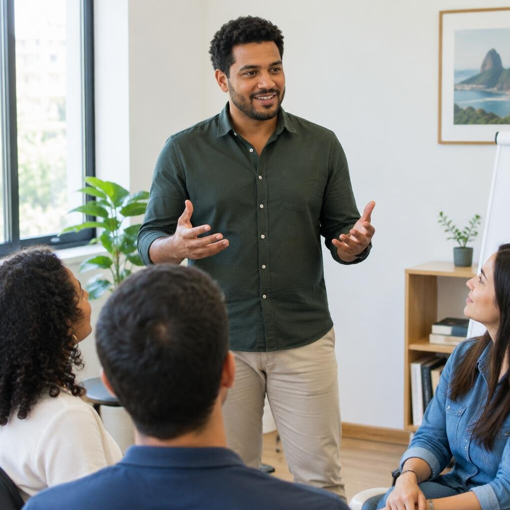 Confident Brazilian man speaking to a small group of people