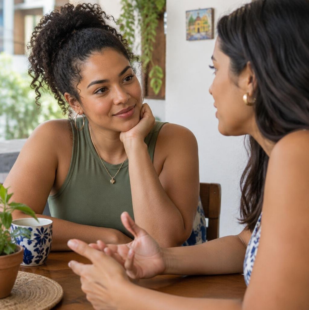 Two Brazilian women having a friendly supportive conversation over coffee