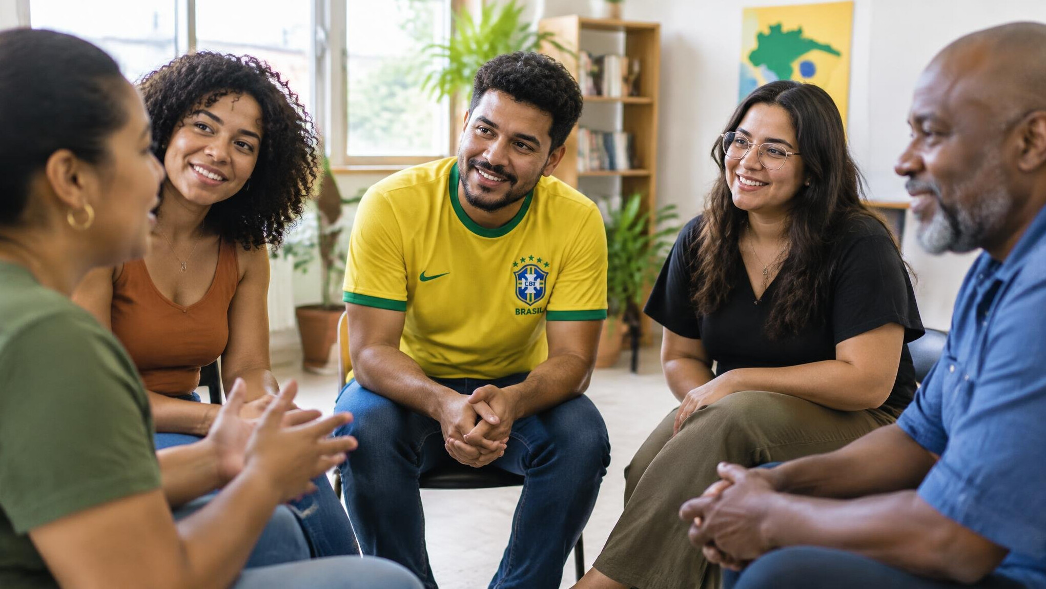 Diverse group of people talking and listening to each other in a workshop
