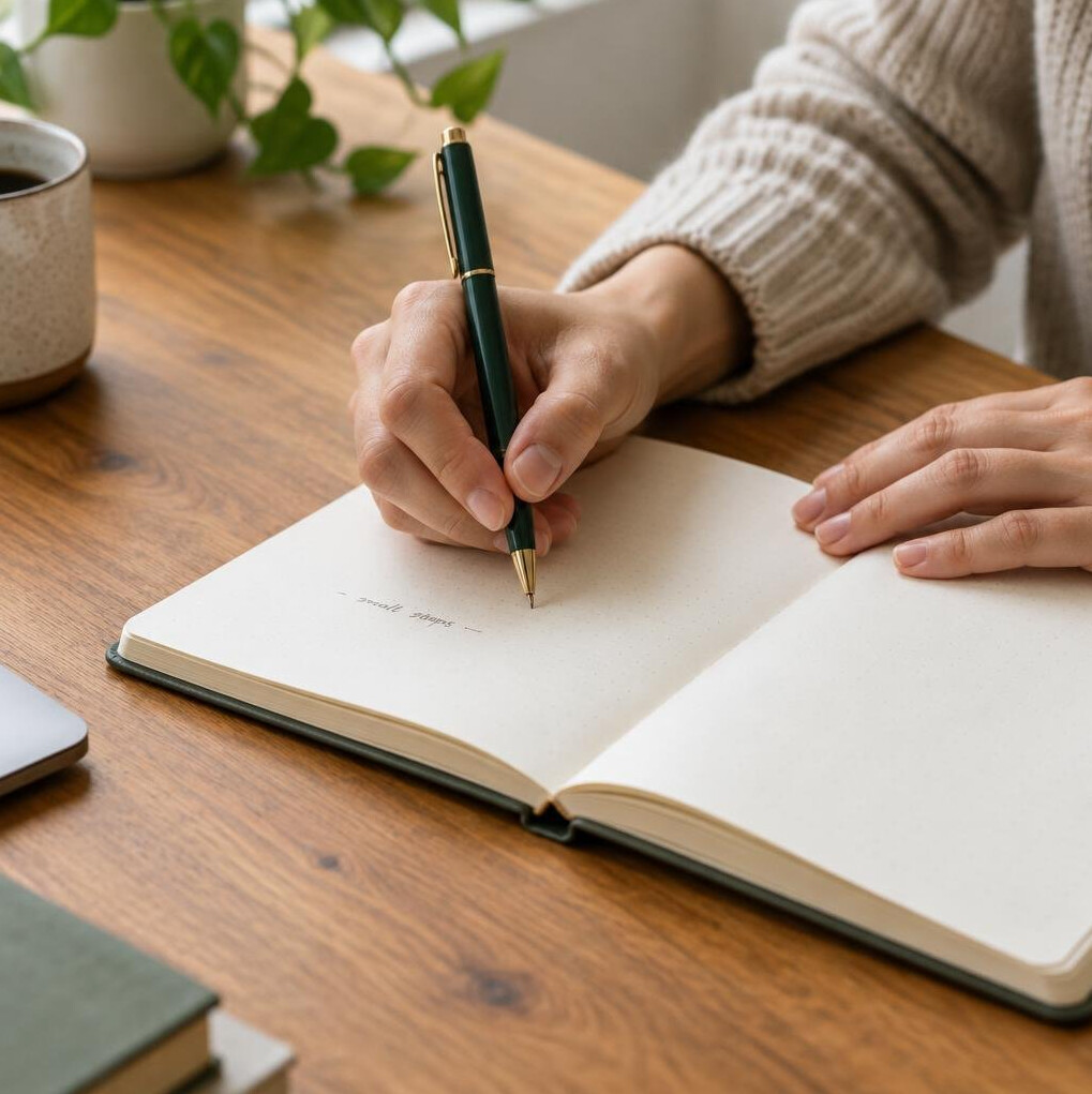 Hands writing in a notebook on a wooden desk